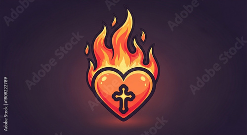 Sacred heart with cross and flames on dark background symbolizing passion and devotion