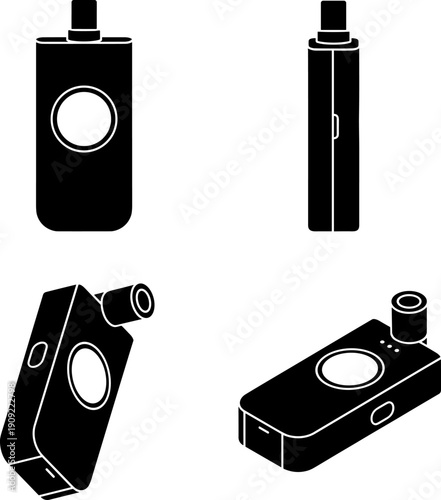 4 view Black Silhouette Vape Device Icons: Modern Pod System E-Cigarette Vector Set, Featuring Four Angles for Electronic Vaporizer Technology, Smoking Cessation, and Nicotine Product Graphics