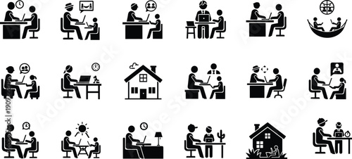 Black and white of people working on laptops in various settings office remote work