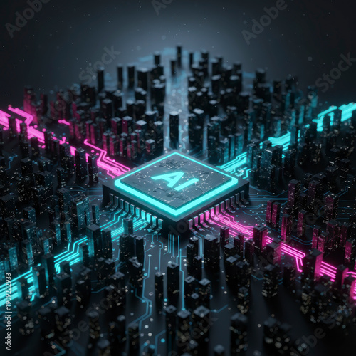 3D rendering of an AI processor integrated into a neon city grid. Modern motherboard design with glowing circuit lines representing high-speed connectivity, machine intelligence, and innovation.