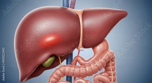 Detailed medical illustration showcasing the human liver and digestive system anatomy