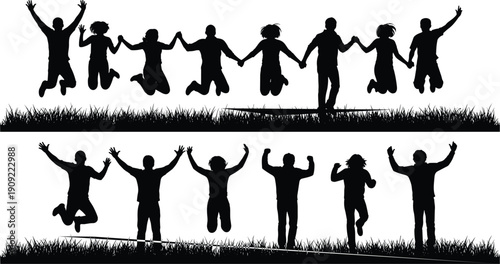 Black silhouettes of people jumping and holding hands on grass