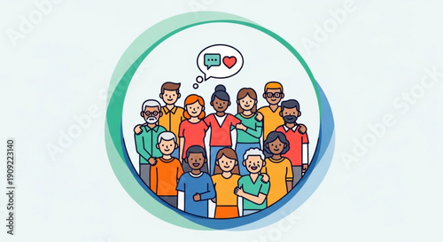 Diverse group of people standing together in a circle with a heart and speech bubble symbolizing unity and love