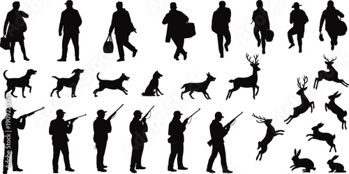 Set of hunter silhouettes with dogs deer and rabbits isolated on white background wildlife hunting activity illustration collection design