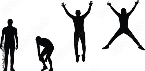Set of male human silhouettes standing bending and jumping poses isolated on white background fitness exercise motion illustration collection design element