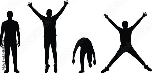 Set of male jumping and standing human silhouettes showing exercise warmup and celebration poses isolated on white background for fitness design
