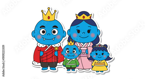 Illustration Of A Blue Monster Family Wearing Royal Attire With A Crown And Jewels
