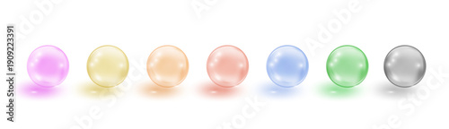 Colorful glass spheres and glossy orbs in vibrant hues PNG. 3D transparent balls with shiny surfaces, perfect for modern web design, game icons, and digital graphics.