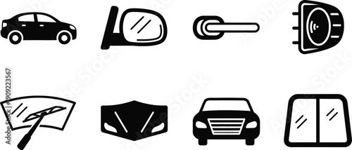 Car window icon set including vehicle symbols and accessories