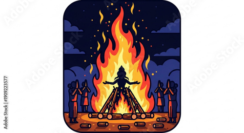 Silhouette person meditating by a burning bonfire at night with a starry sky