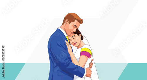 Groom embracing bride with eyes closed at wedding ceremony