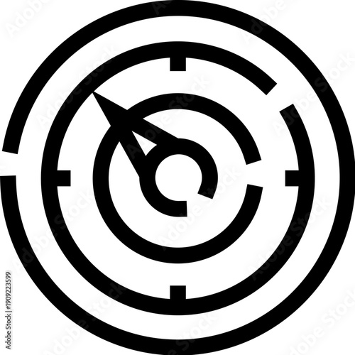 Radar icon showing a central dial with a sweeping arm, depicting detection, tracking, target acquisition, and signal processing in a modern, streamlined user interface