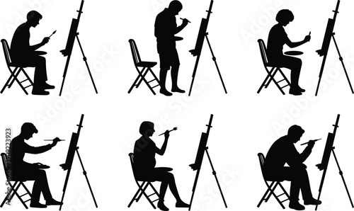 Silhouette illustration of artists painting on canvases with brushes and palettes, seated or standing at easels, for art, creativity, education, and design themes