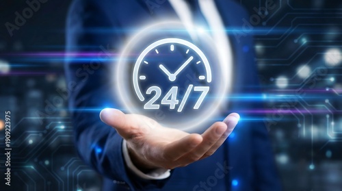 A businessman's hand is gently holding a brightly glowing holographic icon featuring a clock and 