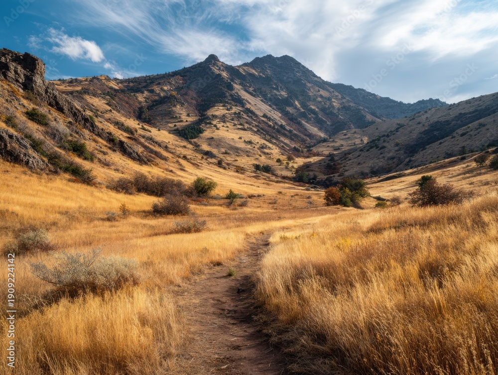 Fototapeta premium Mountain valley path golden dry grass blue sky trail
