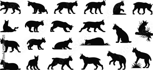 Black cat silhouette set, multiple walking sitting hunting poses, feline animal collection, pet icon shapes isolated on white background