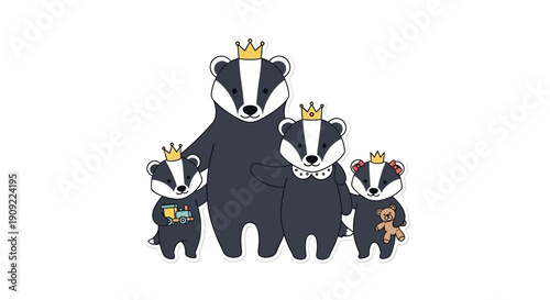 Cute Royal Badger Family Wearing Crowns - A Whimsical Illustration