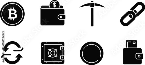 Cryptocurrency icon set for bitcoin blockchain and mining concepts