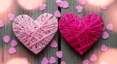 Two yarn hearts shine brightly creating love intensely