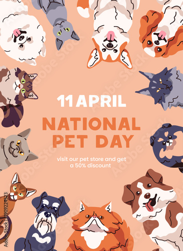National Pet Day event poster design with circle border from cute dogs and cats. Advertising template of vet store with funny puppies and kitties, happy and smiling animals. Flat vector illustration