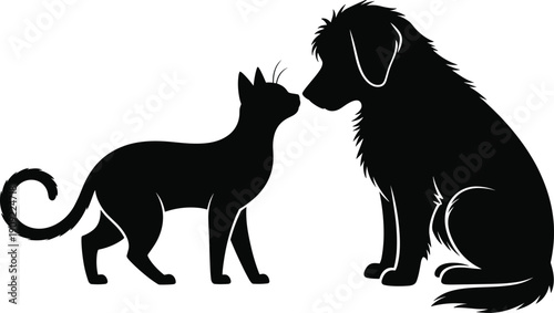Black silhouette vector illustration of a friendly domestic cat and dog touching noses in a cute moment of friendship isolated on white 