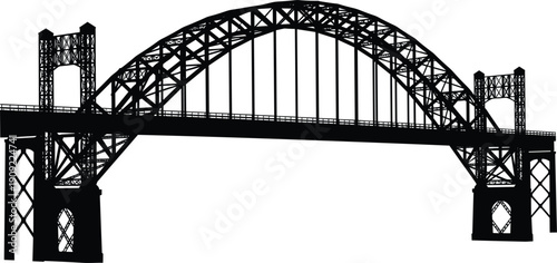 Black silhouette vector illustration of a massive steel arch bridge with intricate truss details, isolated on a white background for architectural design projects.