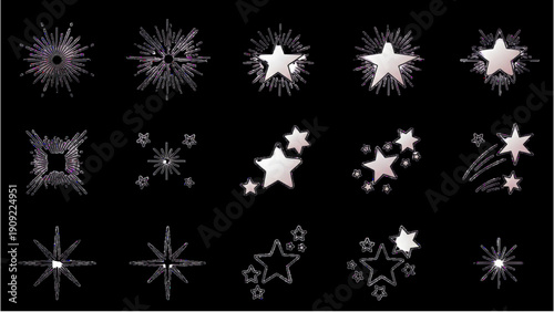 Collection of various star illustrations in different designs and styles on a black background viewed from a straightforward perspective