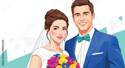 Smiling bride and groom holding colorful flower bouquet