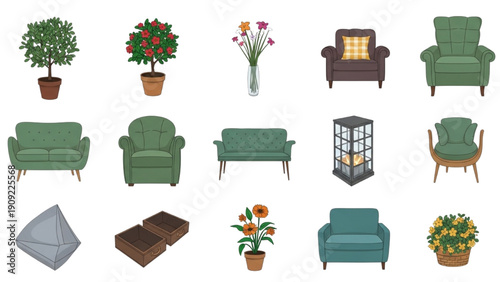 A collection of furniture and plants in a living room setting viewed from above