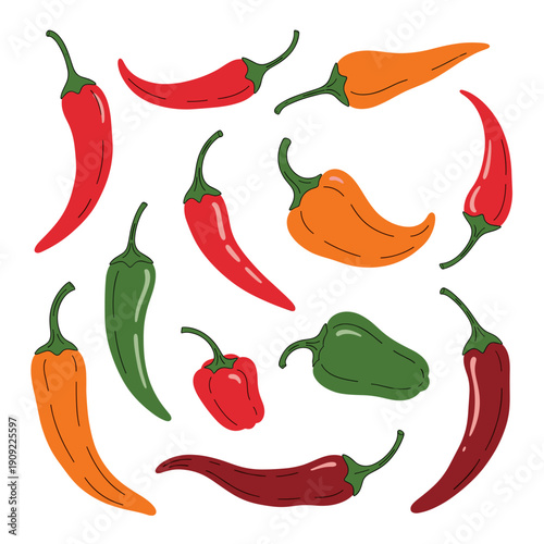 Various colorful chili peppers in red orange and green colors on a white background. Isolated transparent background ( include cut-out PNG file )
