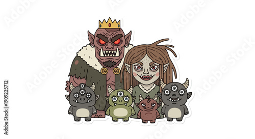 Friendly monster family portrait with parents and three small children in cartoon style