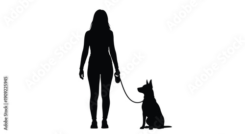 Silhouette of a woman standing beside her loyal dog who is sitting patiently while being held on a leash during a quiet walk.