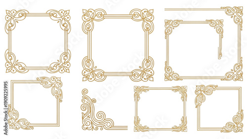 Collection of ornate gold picture frames and decorative corners on a clear background, viewed from directly above.