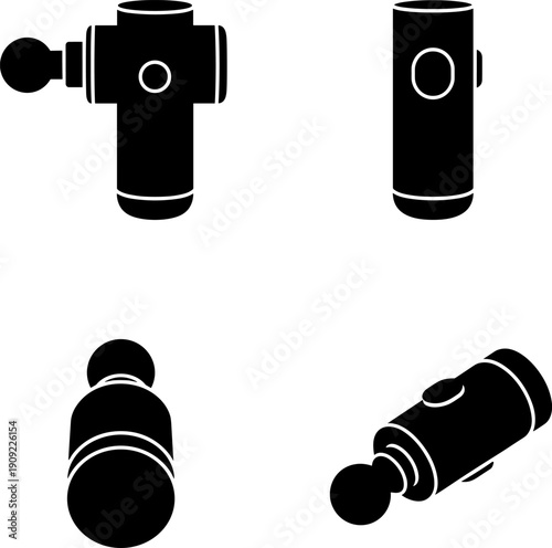 4 view Deep Tissue Percussion Massage Gun Icon Set: Essential Vector Collection of Therapy Device Silhouettes for Fitness, Muscle Recovery, and Wellness Technology Graphics.