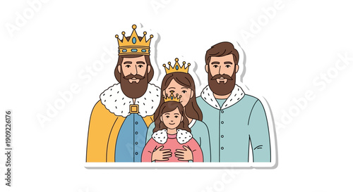 Royal Family Portrait King, Queen, and Their Young Princess Cartoon Sticker