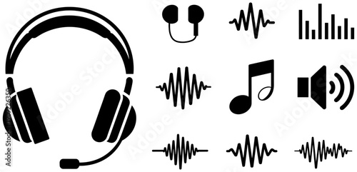 "Black musical instrument silhouettes collection including guitars drums piano trumpet and violin isolated on white background for music design projects"