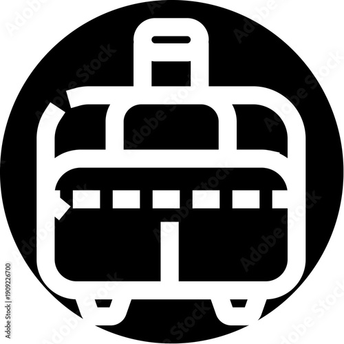 Suitcase icon with a dotted line and arrow emphasizing the circular movement of baggage on a carousel, ideal for illustrating travel, airport services, or luggage claim processes