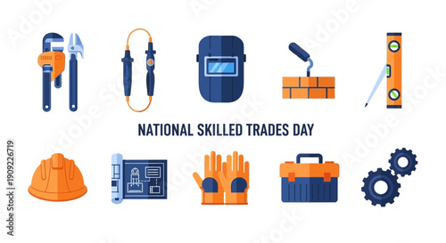 Flat icon set for National Skilled Trades Day with tools and equipment
