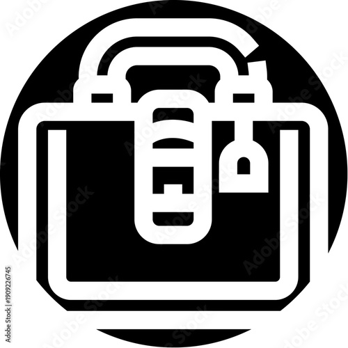 Suitcase icon with handle and zipper puller, minimalist glyph representing travel, luggage, business trips, vacations, airport journeys and packed personal belongings for web or app use