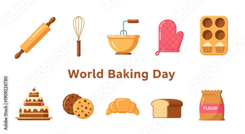 Flat illustration featuring baking tools and baked goods with World Baking Day text