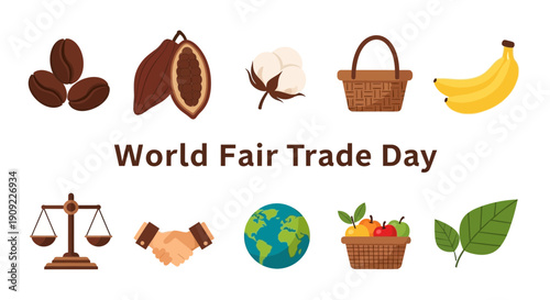 Illustration for World Fair Trade Day featuring goods and symbols