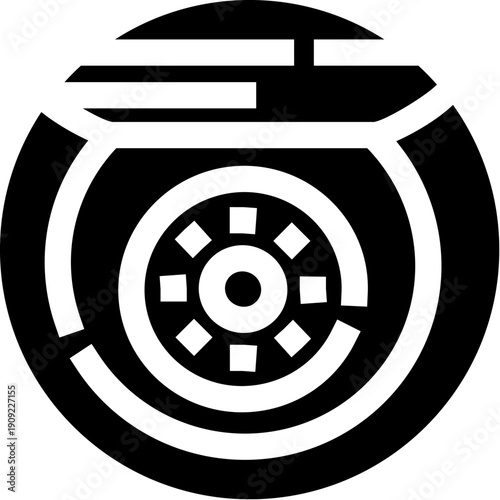 Car wheel and disc brake system conceptualizing automotive service, repair, transportation, and vehicle maintenance, presented as a stylized minimalist black and white icon