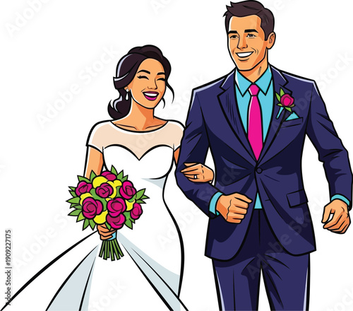 Happy bride and groom walking together on white background