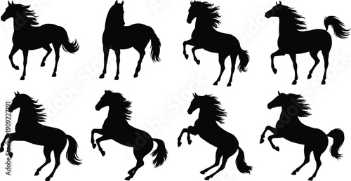 Black horse silhouette collection with rearing galloping and standing stallion poses wild mustang icons for equestrian sports farm animal designs and majestic nature vector graphics