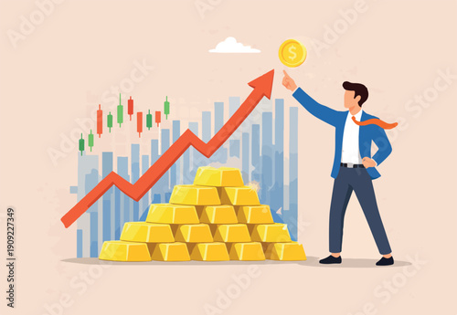 Gold investment, ingot or bullion price rising up, price gain or trading gold to make profit, financial or value increase concept, businessman investor with gold bullion rising graph and chart.