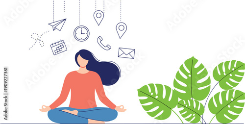 Mindfulness meditation illustration showing calm woman balancing work life stress management focus relaxation mental health and productivity harmony concept