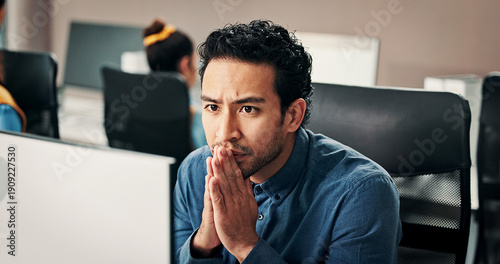Quadro su tela Anxious, trading or man in office with computer, crypto check or technical glitch on investment platform