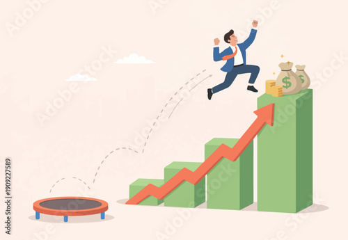  Business challenge, revenue rebound and recover from economic crisis or earning and profit growth jump from bottom concept, strong businessman jumping from trampoline back to top growing bar graph
