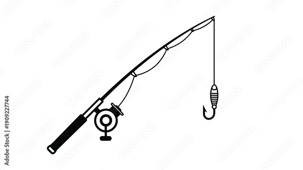 Fototapeta premium Simple line art illustration of a fishing rod with a reel and dangling hook isolated on white background for outdoor hobby.