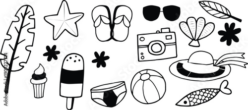 Hand drawn vector illustration set featuring a collection of coffee and food icons in a sketch drawing style with floral design symbols